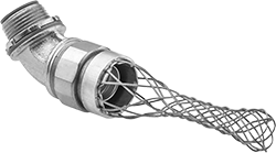 Image of Product. Twist-In × Threaded with Wire-Mesh Grip. Front orientation. Conduit and Fittings. Liquid-Tight Flexible Metal (LFMC) Conduit and Fittings, 45° Elbow, Connector Fitting, Twist-In Conduit Connection × Threaded Knockout Connection, Stainless Steel Wire-Mesh Grip.