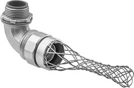 Image of Product. Twist-In × Threaded with Wire-Mesh Grip. Front orientation. Conduit and Fittings. Liquid-Tight Flexible Metal (LFMC) Conduit and Fittings, Connector Fitting, 90° Elbow, Twist-In Conduit Connection × Threaded Knockout Connection, Stainless Steel Wire-Mesh Grip.