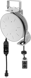 Image of Product. Swing Out-Mount with Socket and Inline GFCI. Front orientation. Socket. Harsh Environment Automatic-Wind Extension Cord Reels , Swing-Out Mounting Bracket, Inline GFCI.
