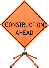 Image of ProductInUse. Shown with Folding Stand. Front orientation. Signs. Roll-Up Traffic Safety Signs, Construction Ahead (English).