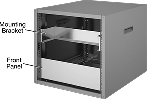 Image of System. Cabinet Shown with Mounting Bracket and Front Panel. Front orientation. Contains Annotated. Electronics Cabinets.