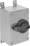 Image of Product. Switch with Stainless Steel Housing and Lockout. Front orientation. Motor Switches. Washdown Enclosed Motor Switches, 304 Stainless Steel Housing with Lockout.