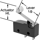 Image of Attribute. Front orientation. Contains Annotated. Snap-Acting Switches. Subminiature Snap-Acting Switches, Roller Lever Actuator Style.