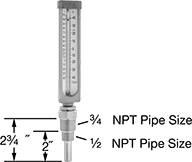 Image of Product. Front orientation. Contains Annotated. Thermometers. Heavy Duty Quick-Response Threaded Thermometers with Thermowell, Fixed Bottom Connection.
