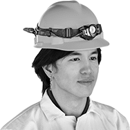 Image of ProductInUse. Rubber Strap Shown In Use (Hard Hat Not Included). Front orientation. Headlamps. Waterproof Headlamps.