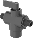 Image of Product. Male × Female × Male. Front orientation. Diverting Valves. Compact Plastic Threaded Diverting Valves , PVC Body, NPT Thread, Bottom Connection, Female, Male.