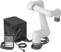 Image of Product. Front orientation. Robot Arms. Collaborative Robot Arms, Controller, Arms, Touchscreen Teach Pendant.
