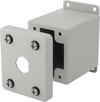 Image of Product. Front orientation. Dust-Tight Enclosure for 22 mm Push-Button, with Lift-Off Cover, 1 Hole, 3-1/2" x 3-3/4".