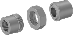 Image of System. Exploded View. Front orientation. Exploded view. Pipe and Fittings. High-Pressure Galvanized Iron and Steel Threaded Pipe Fittings, Union Straight Connectors, Threaded Fitting Connection, Female, Hex Body.