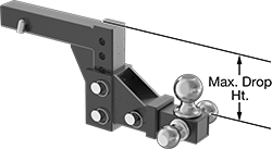 Image of Attribute. (Shown in Drop Position). Front orientation. Contains Annotated. Hitch Inserts. Hitch Inserts, Height Adjusting Multisize Hitch Balls.