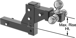 Image of Attribute. (Shown in Raise Position). Front orientation. Contains Annotated. Hitch Inserts. Hitch Inserts, Height Adjusting Multisize Hitch Balls.
