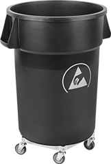 Image of ProductInUse. 44 gal. Capacity (Shown with Dolly). Front orientation. Trash Cans. Static Control Trash Cans, 44 gal. Capacity.