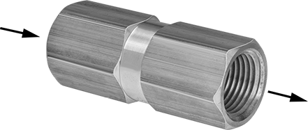 Image of Product. Female Inlet × Female Outlet. Front orientation. Contains Annotated. 316 Stainless Steel Check Valve with Fluoroelastomer Piston, with Rubber Spring-Loaded Piston, 3/4 NPT Female.