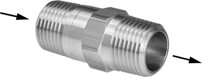 Image of Product. Male Inlet × Male Outlet. Front orientation. Contains Annotated. 316 Stainless Steel Check Valve with Fluoroelastomer Piston, Spring-Loaded, 3/8 NPT Male x 9/16"-18 UN/UNF (JIC.