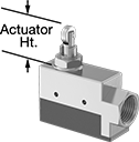 Image of Attribute. Style E. Front orientation. Contains Annotated. Snap-Acting Switches. Enclosed Snap-Acting Switches, Side Mount, Cross Roller Plunger Actuator Style, Style E.