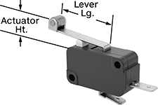 Image of Attribute. Front orientation. Contains Annotated. Snap-Acting Switches. Light-Touch Miniature Snap-Acting Switches, Roller Lever Actuator Style.