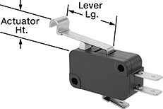 Image of Attribute. Front orientation. Contains Annotated. Snap-Acting Switches. Light-Touch Miniature Snap-Acting Switches, Simulated Roller Lever Actuator Style.