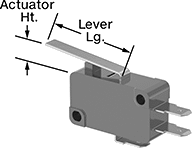 Image of Attribute. Front orientation. Contains Annotated. Snap-Acting Switches. Light-Touch Miniature Snap-Acting Switches, Lever Actuator Style.