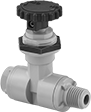 Image of Product. Female × Male. Front orientation. Flow-Adjustment Valves. Plastic Threaded Precision Flow-Adjustment Valves, Dark Gray, Straight, Male, NPT Thread, Female.