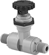 Image of Product. Male × Male. Front orientation. Flow-Adjustment Valves. Plastic Threaded Precision Flow-Adjustment Valves, Dark Gray, Straight, Male, NPT Thread.
