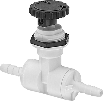 Image of Product. Front orientation. Precision Flow-Adjustment Valve, with Barbed Fittings for 1/2" Tube ID, White Polypropylene.