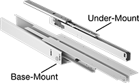 Image of Product. Base- and Under-Mount Drawer Slides. Front orientation. Contains Annotated. Drawer Slides. Heavy Duty Base- and Under-Mount Drawer Slides.