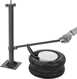 Image of ProductInUse. Step 1: Push the lever to release the grip between the tire and the rim.. Front orientation. Tire Changers. Floor Mount.