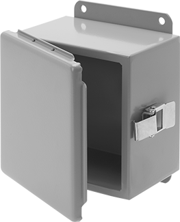Image of Product. Front orientation. Oil-Resistant Steel Enclosure, with Hinged Cover and Quick-Release Latch, 6" x 6" x 4".