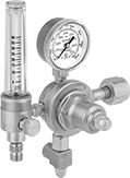 Image of Product. Female Inlet × Male Outlet With One Flowmeter. Front orientation. Pressure-Regulating Valves. Easy-Read Tank-Mount Pressure-Regulating Valves with Flowmeter for Inert Gas, Female Inlet, Male Outlet, UNF Outlet Thread, Single Stage, 1 Flowmeter.