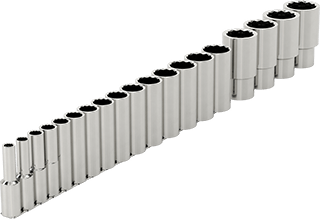 Image of Product. Front orientation. 12-Point Socket Set, 1/2" Square Drive, 19 Pieces, Deep.