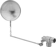 Image of Product. With Bobbing Copper Float. Front orientation. Float Valves. Brass Float Valves, Brass Float Rod—Elbow Valve Body with Bobbing Float, NPT Inlet Thread, Male Inlet, Threaded Inlet Connection, Pipe, NPT Outlet Thread, Male Outlet, Copper Float.