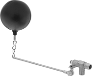 Image of Product. With Bobbing Polypropylene Float. Front orientation. Float Valves. Brass Float Valves, Brass Float Rod—Elbow Valve Body with Bobbing Float, NPT Inlet Thread, Male Inlet, Threaded Inlet Connection, Pipe, NPT Outlet Thread, Male Outlet, Polypropylene Float.