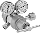 Image of Product. UNF Female Outlet x Female Inlet Two-Stage Valves with T-Handle. Front orientation. Pressure-Regulating Valves. Tank-Mount Pressure-Regulating Valves for Air and Inert Gas, Two Stage, Female Outlet, UNF Outlet Thread, Female Inlet, Outlet-Pressure-Adjustment T-Handle.