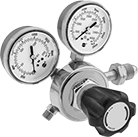 Image of Product. UNF Male Outlet × Male Inlet Single-Stage Valves With Knob. Front orientation. Pressure-Regulating Valves. Tank-Mount Pressure-Regulating Valves for Air and Inert Gas, Single Stage, Male Inlet, Male Outlet, UNF Outlet Thread, Outlet-Pressure-Adjustment Knob.