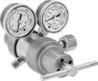 Image of Product. UNF Male Outlet × Female Inlet Two-Stage Valves with T-Handle. Front orientation. Pressure-Regulating Valves. Tank-Mount Pressure-Regulating Valves for Air and Inert Gas, Two Stage, Male Outlet, UNF Outlet Thread, Female Inlet, Outlet-Pressure-Adjustment T-Handle.