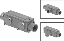 Image of Product. Front orientation. Contains Border, MultipleImages. Conduit and Fittings. Conduit Bodies, Straight, Tee, or 90° Elbow (C, T, LB, LL, LR), Push-In Conduit Connection.