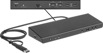 Image of Product. With Female USB-A, USB-C, Standard HDMI, Computer Standard DisplayPort, Ethernet RJ45, and 3.5 mm Audio Stereo Socket Connections. Front orientation. Contains Inset. Data Connection Hubs. USB Hubs, USB-A/USB-C, 3.2 Gen 1 Male Connection, USB-A, 3.2 Gen 1 (5)
USB-C, 3.2 Gen 1 (1)
Standard HDMI (2)
Computer Standard DisplayPort (2)
Ethernet RJ45 (1)
3.5 mm Audio Stereo Socket (2).