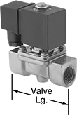 Image of Product. Front orientation. Contains Annotated. Solenoid On/Off Valves. Solenoid On/Off Valves for Coolant and Detergent, Nickel-Plated Brass Body with DIN A Connection—Fluoroelastomer Seal.