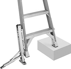 Image of ProductInUse. Front orientation. Ladder Levelers. Levelers with Foot Lock, Stabilizing Arm, and Swivel Shoe.