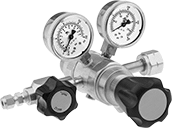 Image of Product. Two Stage. Front orientation. Pressure-Regulating Valves. High-Purity Tank-Mount Pressure-Regulating Valves for Fuel Gases, Female Inlet, Female Outlet, Brass Body, Two Stage.
