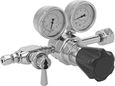 Image of Product. Single Stage. Front orientation. Pressure-Regulating Valves. High-Purity Tank-Mount Pressure-Regulating Valves for Fuel Gases, Female Inlet, Female Outlet, Chrome-Plated Brass Body, Single Stage.