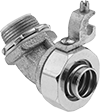 Image of Product. Twist-In × Threaded with Grounding Lug. Front orientation. Conduit and Fittings. Liquid-Tight Flexible Metal (LFMC) Conduit and Fittings, 45° Elbow, Connector Fitting, Twist-In Conduit Connection × Threaded Knockout Connection, Grounding Lug.