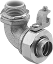 Image of Product. Twist-In × Threaded with Grounding Lug. Front orientation. Conduit and Fittings. Liquid-Tight Flexible Metal (LFMC) Conduit and Fittings, Connector Fitting, 90° Elbow, Twist-In Conduit Connection × Threaded Knockout Connection, Grounding Lug.
