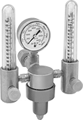 Image of Product. Male Inlet × Female Outlet With Two Flowmeters. Front orientation. Pressure-Regulating Valves. Easy-Read Tank-Mount Pressure-Regulating Valves with Flowmeter for Inert Gas, Female Outlet, Male Inlet, UNF Outlet Thread, Single Stage, 2 Flowmeters.