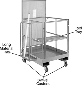 Image of Product. Platform Shown with Accessories (Sold Separately). Front orientation. Contains Annotated. Work Platforms. Forklift Platforms, 4" Toeboard Height.