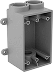 Image of Product. Front orientation. Outlet Boxes. Plastic Conduit-Ready Outlet Boxes, 3 Conduit Connections, For Maximum of 1 Device.