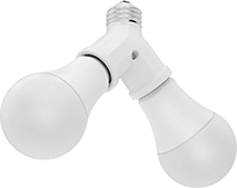 Image of ProductInUse. Shown with Bulbs Installed. Front orientation. Light Socket Adapters. Light Socket Splitters.