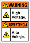 Image of Product. Front orientation. Labels. Illustrated Electrical Hazard Labels , Warning—High Voltage/Advertencia—Alto Voltaje.