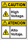 Image of Product. Front orientation. Labels. Illustrated Electrical Hazard Labels , Caution—High Voltage/Atencion—Alto Voltaje.