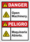 Image of Product. Front orientation. Labels. Illustrated Machine and Equipment Operation Labels , Danger—Open Machinery/Peligro—Maquinaria Abierta.